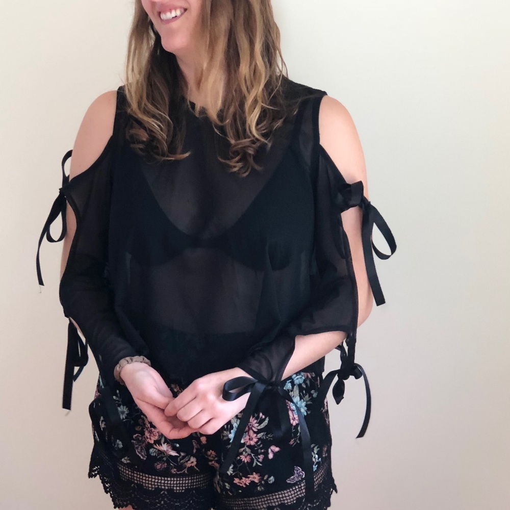 LFblack sheer top with ribbon bows